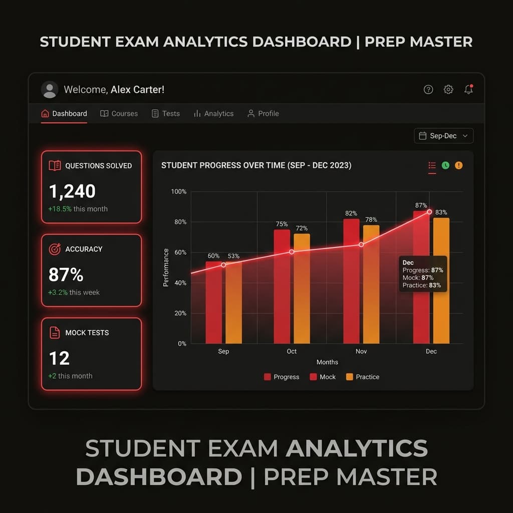 ExamPrep analytics dashboard showing exam progress and performance